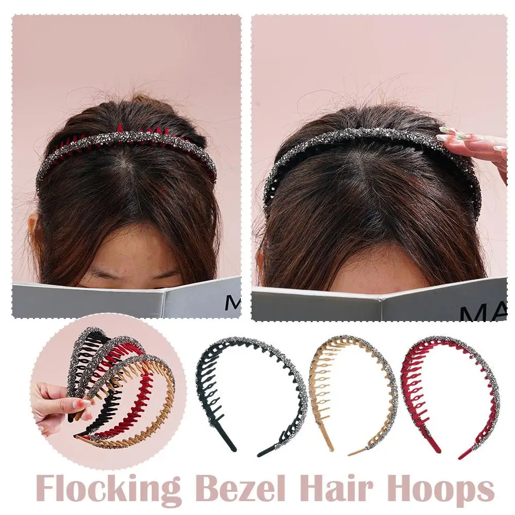 

Fashion Rhinestone Flocking Bezel Hair Hoops For Women Ladies Solid Color Toothed Non-Slip Headband Hair Band Hair Accessor I2W7