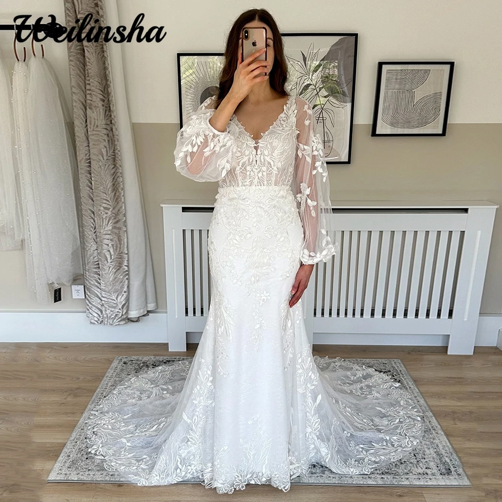 

Exquisite Woman Wedding Dress Mermadi with Appliques Court Train Bridal Elegant Lace V Neck Long Sleeves Vestido De Novia