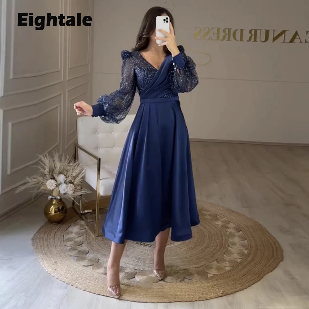 

Eightale Navy Blue Short Evening Dress for Wedding Party V-Neck Satin Gliiter Prom Gown Long Puffy Sleeves Celebrity Gown