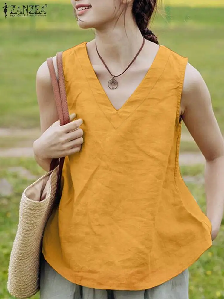 

Винтажная летняя модная однотонная женская блузка ZANZEA без рукавов с V-образным вырезом, праздничная Рабочая Рубашка, повседневные свободные блузы 2024