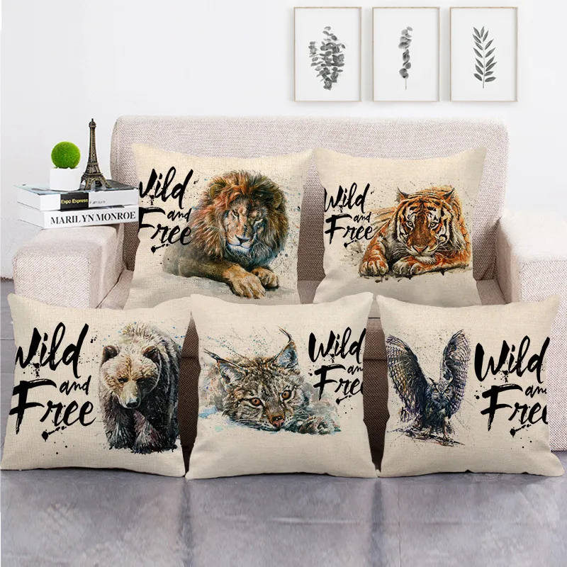 

Tiger Lion Bull Bear and Eagle Print Pillow Cover 45x45cm Linen Pillowcase Animals Cushion Pillows Cover Square Cushion Cover