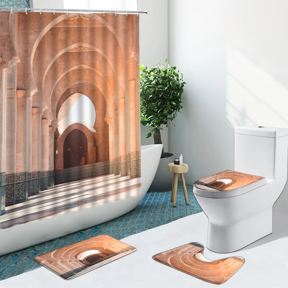 

Moroccan Arch Shower Curtain Stone Brick Wall Architecture Non-Slip Rugs Flannel Bath Mat Toilet Cover Bathroom Set Home Decor
