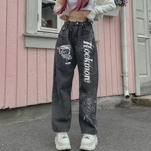 

Goth Grunge Black Jeans Fairycore Printed Wide Leg Cargo Jeans Women Streetwear Boyfriend Mom Pants Baggy Y2K Aesthetic