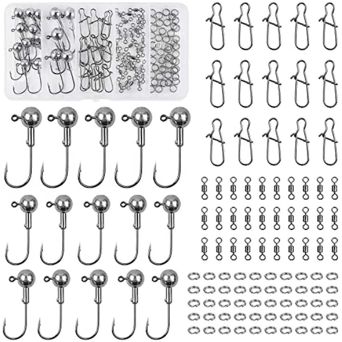 110PCS Unpainted Crappie Jig Heads Swivels Kit Round Head Fishing Jig Hooks Snap Swivels Fishing Gear Bass Jigs Fishing Tackle 
110PCS Unpainted Crappie Jig Heads Swivels Kit Round Head Fishing Jig Hooks Snap Swivels Fishing Gear Bass Jigs Fishing Tackle