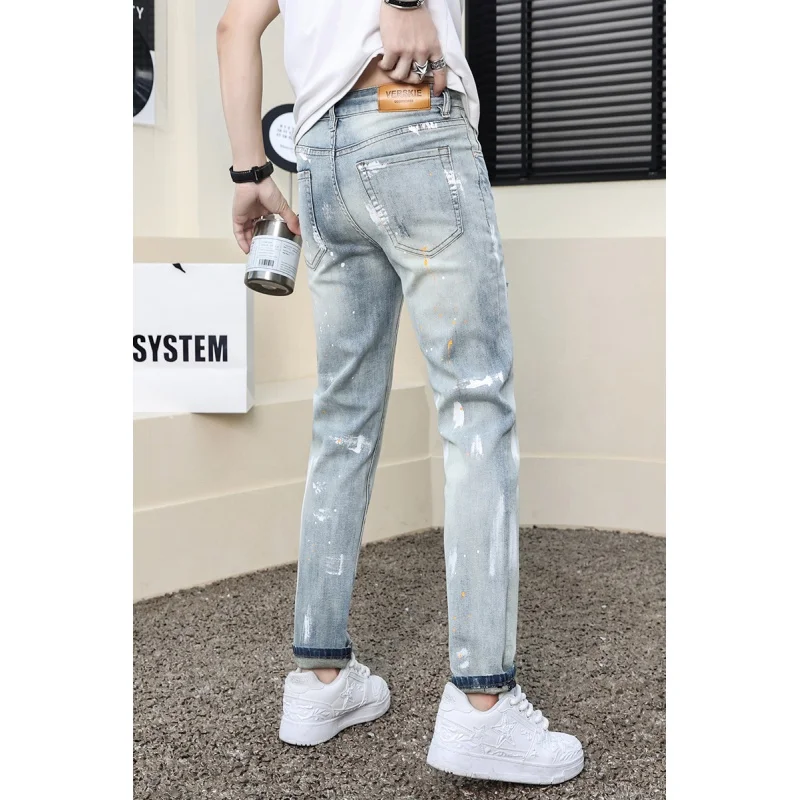 

2024new fashion spray paint splash-ink design jeans men's ripped men's stretch comfortable slim fit skinny high-end trousers