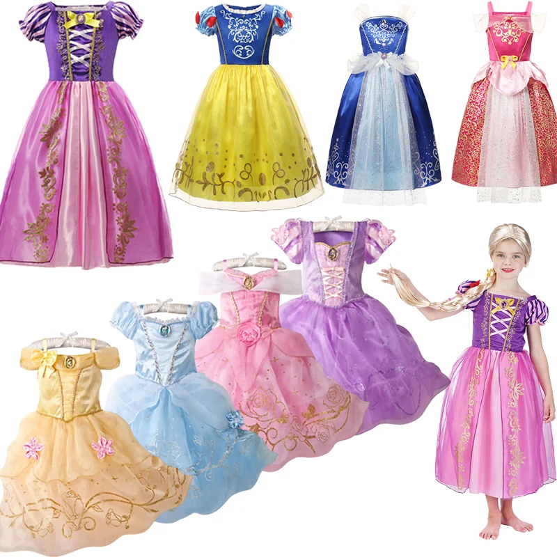 

2024 Disney Girls Rapunzel Princess Dress Cinderella Snow White Aurora Sofia Cosplay Costume Children Birthday Party Clothings