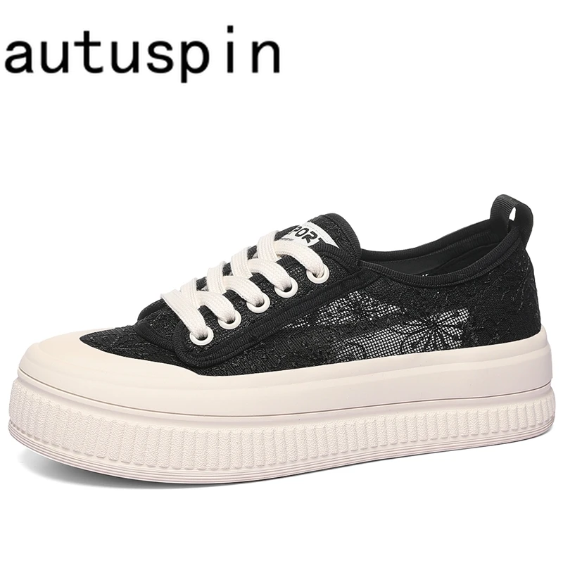 

AUTUSPIN New Design Women Lace Shoes Fashion Embroidery Flower Flat Vulcanized Sneaker Female Summer Breathable Mesh Sneakers