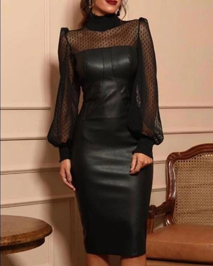 

Sexy Women's Dress 2023 New Lace Spliced Dot Mesh Puff Balloon Sleeve Pu Leather Dress Elegant Midi Night Out Party Dress