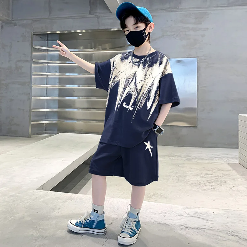 

Teenage Boys Summer Clothes Sets New Fashion Cool Printed Kids Sports Top and Shorts 2Pcs Suits Outfits Cotton Trakcsuits 12 14Y