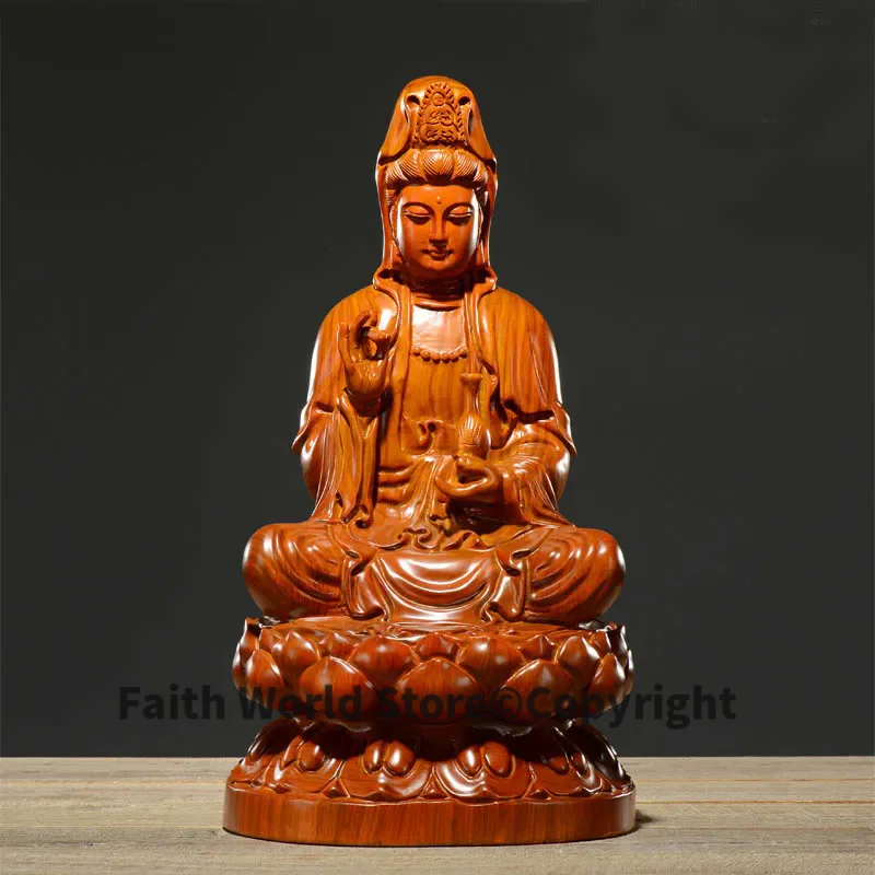 

Special Offer--15CM TALL-HOME Spiritual protection Bless family # Handmade Yellow pear wood carving Lotus Guanyin Buddha statue