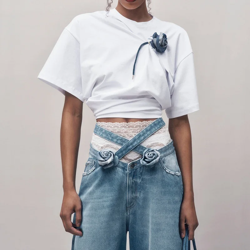 Women's Fashion Three-dimensional Flower Pleated Waist T-shirt Classic 2 Color Short Sleeve O Collar Casual Tshirts Summer New24
Women's Fashion Three-dimensional Flower Pleated Waist T-shirt Classic 2 Color Short Sleeve O Collar Casual Tshirts Summer New24