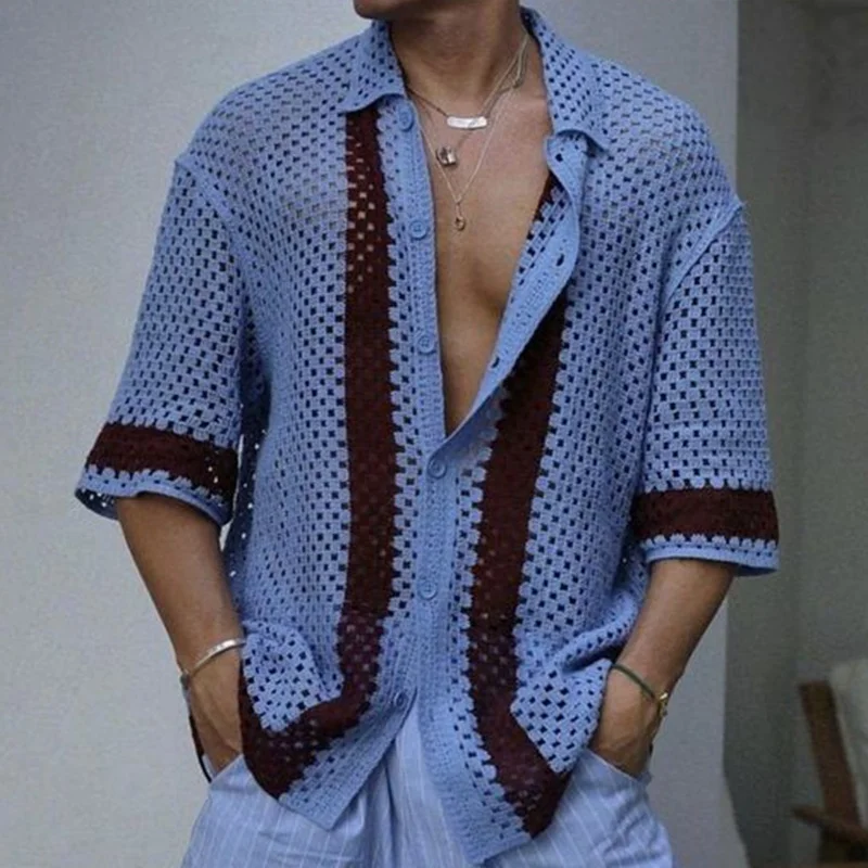 Summer Men's Short Sleeve Shirt Casual Hollow Out Breathable Knitted Cardigan Fashion Loose Contrasting Color Lapel Top Shirt
Summer Men's Short Sleeve Shirt Casual Hollow Out Breathable Knitted Cardigan Fashion Loose Contrasting Color Lapel Top Shirt