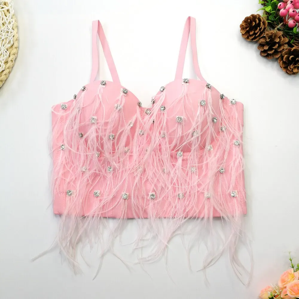 

Women Sexy Feathers Corset Crop Top Female Beading Strap Cotton Solid Color Blended Short Casual Camis Bra 2023 Summer Clothes