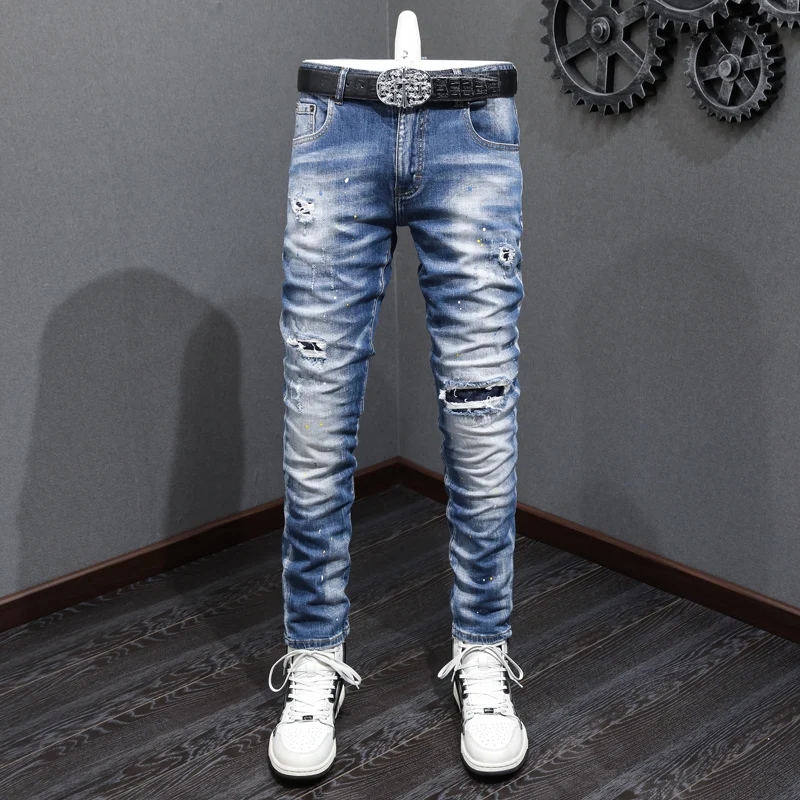 

High Street Fashion Split Men's Jeans Vintage Washed Blue Elastic Tight Jeans Men's Panel Designer Vintage Denim Pants