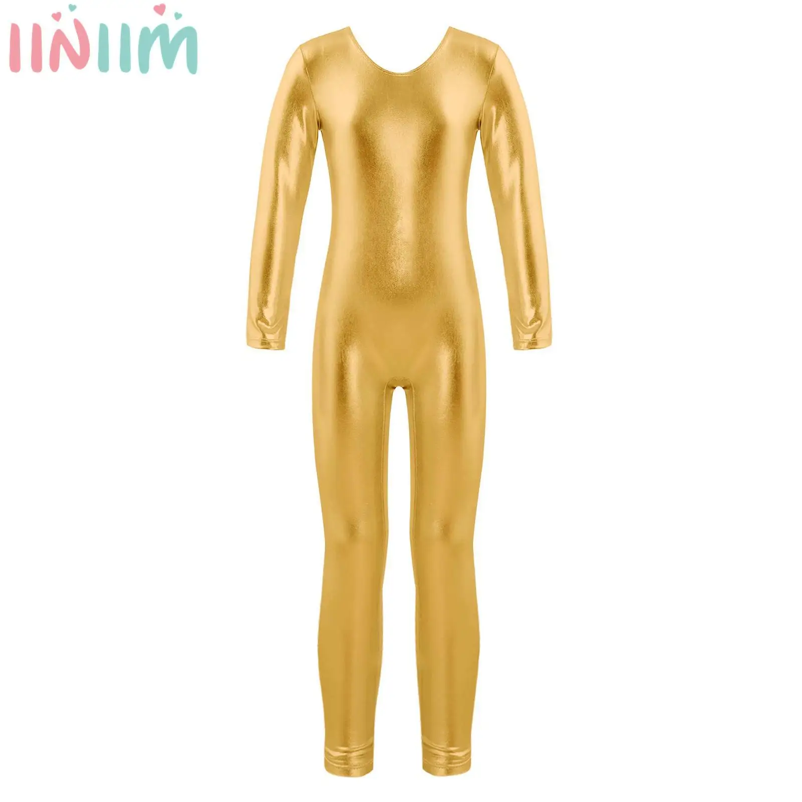 

Kids Gymnastics Leotard Ballet Dance Costume Girls Shiny Metallic Long Sleeves Round Neckline Jumpsuit Performance Dancewear