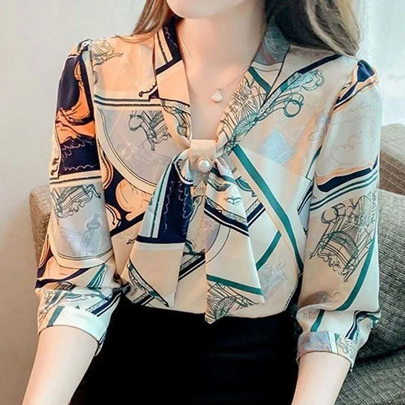 

Summer Korean Loose Printed Short Sleeve Shirt Women's Clothing All-match Fashion Scarf Collar Spliced Chiffon Blouse for Female