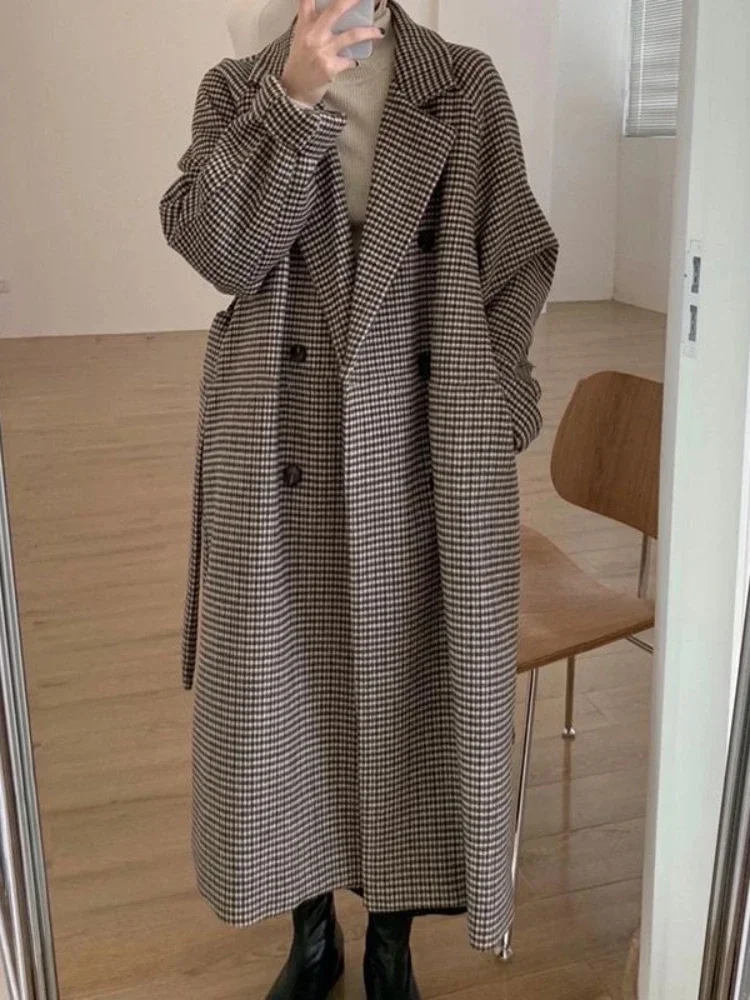 

Trench Coat for Women Tweed Wool Coat Korean Fashion Autumn Womens Winter Clothing 2023 Plaid Long Jacket Elegance Office Lady