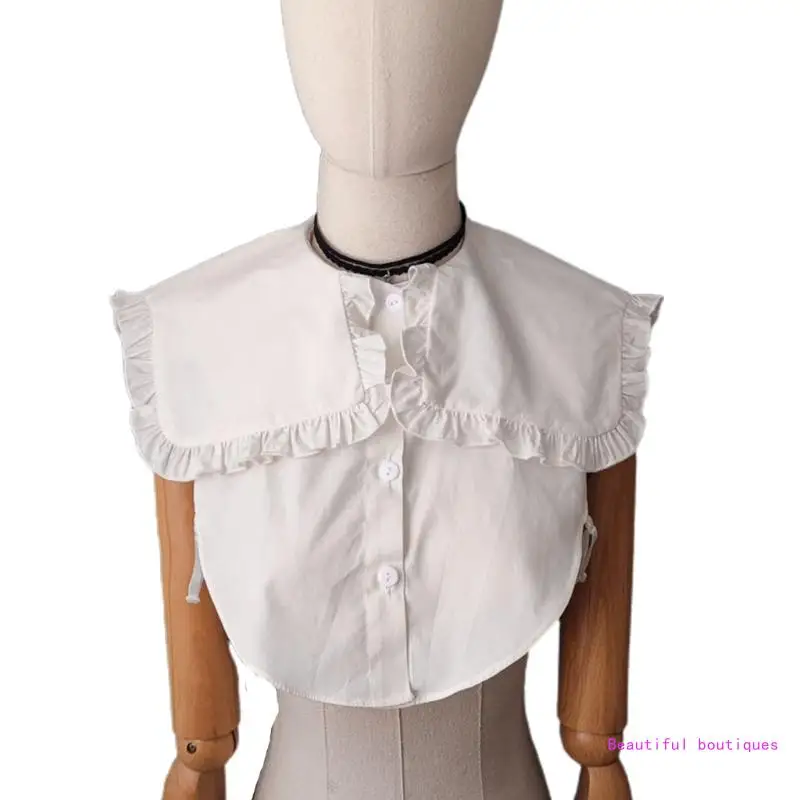 

Women Ruffled Rectangular Big Lapel Shawl Fake Collar Detachable Dickey Blouse Button Down O-Neck Decorative Half Shirt DropShip