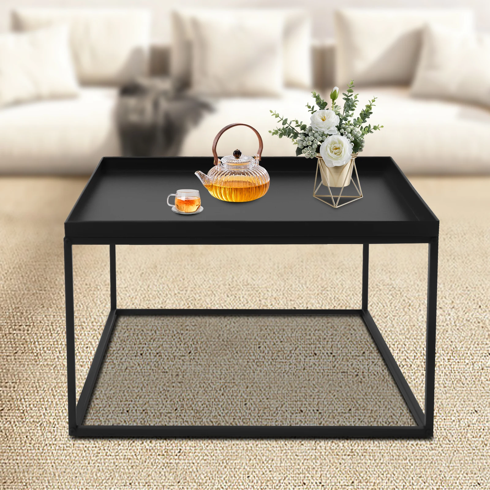 

59cm Modern Metal Square Coffee Table Matt Black End Table Side Table Display Stand Fit Office Home Put Book Plant And Fruit