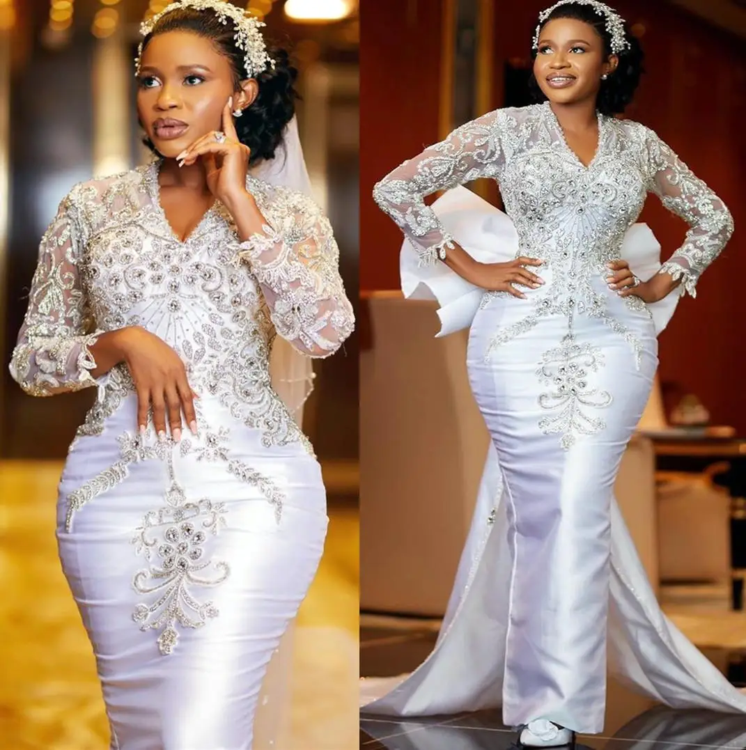 

Plus Size Arabic Aso Ebi Mermaid Luxurious Sparkly Wedding Big Bow V-Neck Lace Custom Made Beaded Bridal Gowns Dresses