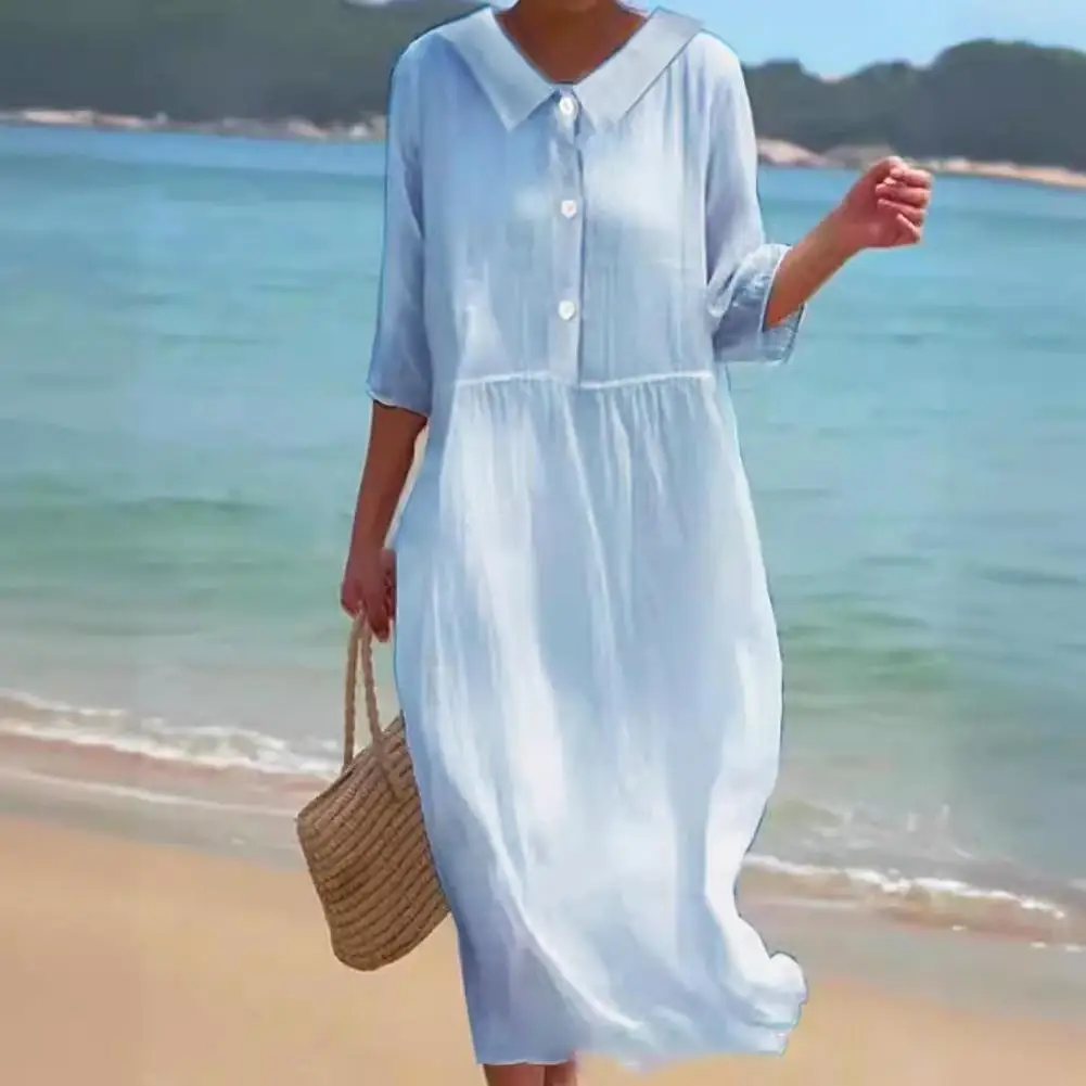 

Soft Fabric Midi Dress Elegant Doll Collar Midi Dress for Women Chic Pleated Pullover with Button Detail Stylish Wear for Summer