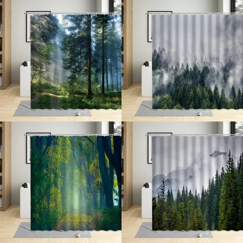 

Psychedelic Fog Green Forest Print Shower Curtain Sunlight Nature Scenery Tree Landscape Bathroom Curtains Fabric Decor Cloth