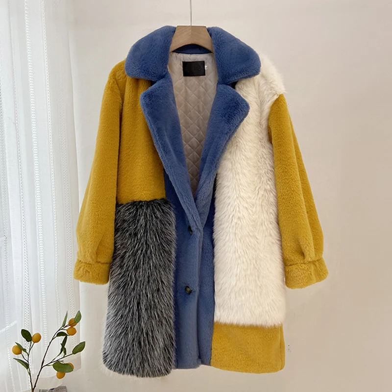 Thick Warm Winter Faux Fur Coat Women Furry Splicing Contrast Color Blue Yellow Fluffy Coat Long Jacket Women Overcoat Elegant
Thick Warm Winter Faux Fur Coat Women Furry Splicing Contrast Color Blue Yellow Fluffy Coat Long Jacket Women Overcoat Elegant