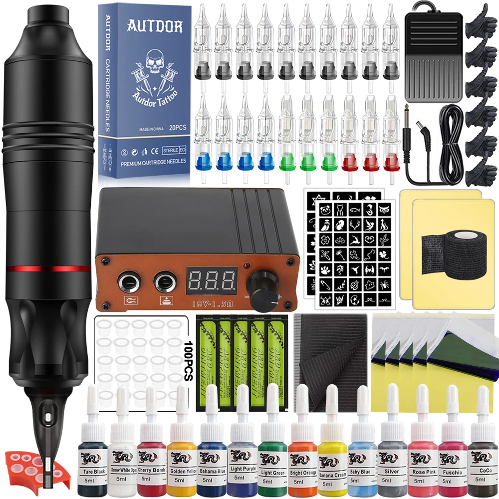 

Complete Tattoo Pen Machine Kits Rotary Tattoo Set with Tattoo Power Supply Cartridge Needles Tattoo Gun Set for Tattoo Artist