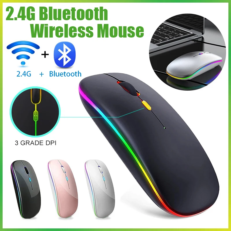 

Fast Delivery Rechargeable LED Wireless Mouse 2.4Ghz Receiver Bluetooth Dual Mode Optical Adjustable Silent Usb Mouse For Laptop