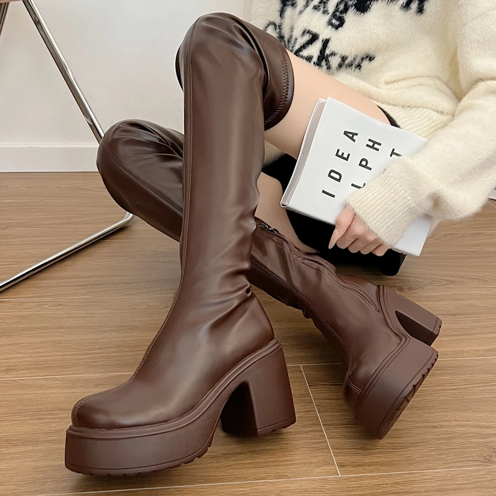 

RIBETRINI Round Toe Over-knee High Women Boots Thick High Heels Chunky Bottom Solid Concise Shoes For Women Add Fur Women Boots