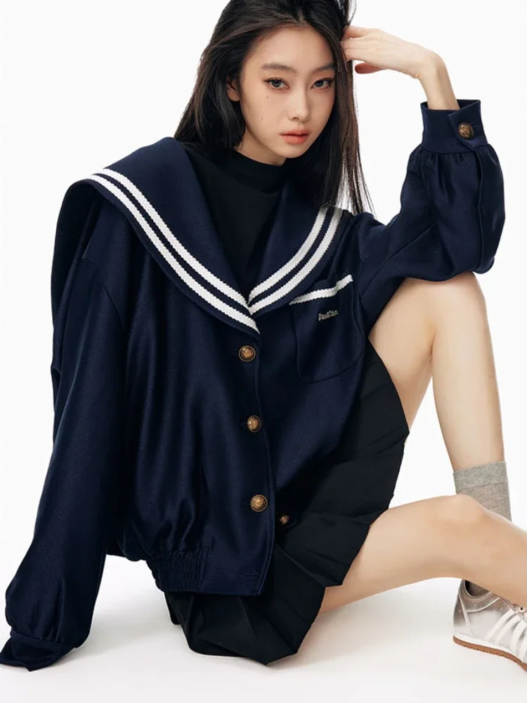 

ADAgirl Uniform Sailor Collar Jacket Women Vintage Long Sleeve Oversized Coat Preppy Style Luxury Old Money Aesthetics Outfits