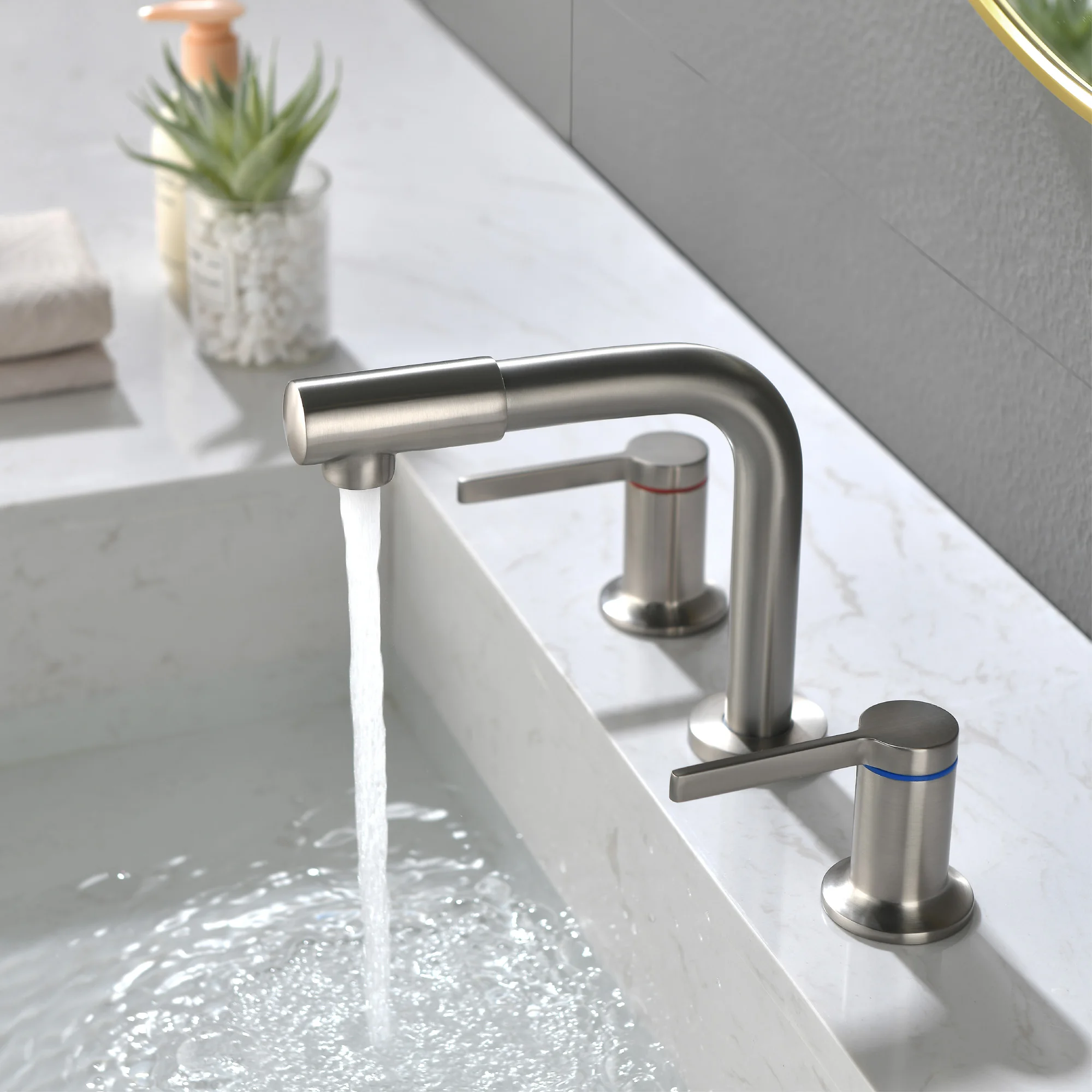 

Brushed Nickel Bathroom Basin Faucet Hot and Cold Water Faucet 3 Holes 2 Handle Mixers Tap Deck Mount Wash Tub Fauctes