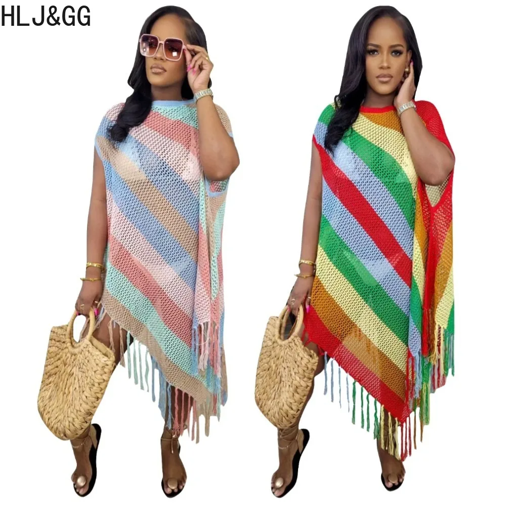

HLJ&GG Summer Knitted Color Stripe Hollow Out Tassels Beach Dresses Women O Neck Short Sleeve Loose Irregular Holidays Vestidos