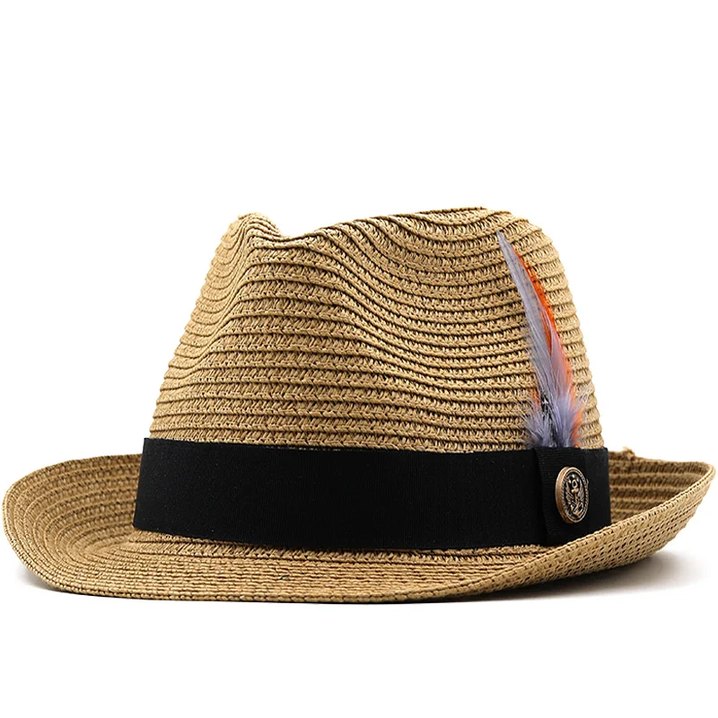 

Summer Parent-child Beach Hat Female Casual Panama Jazz Hat Men Brand gentleman 5.5cm brim Feather band Straw cap boys Sun Hat