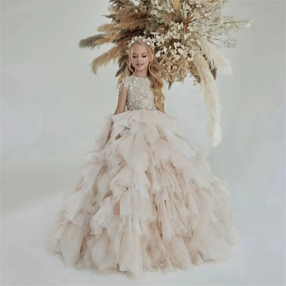 

Flower Girl Dress Champagne Ball Gown Puffy For Wedding Tulle Appliques Beading Party Pageant First Communion Gown Gift