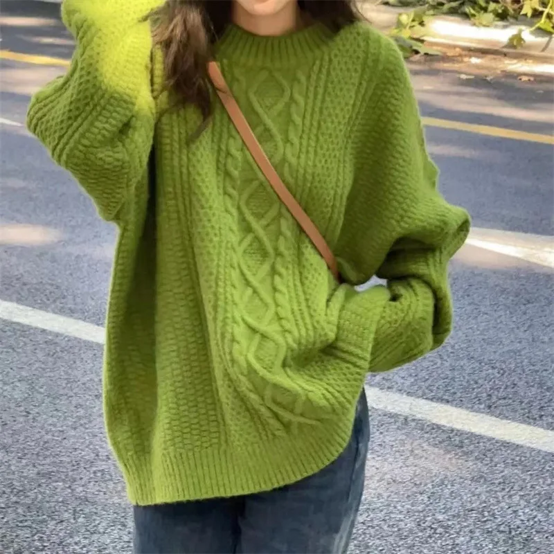 

Pullover Green Sweater for Women 2023 Autumn Winter New Loose Retro Knitwear Long Sleeve Top Fashion Loose Swater Female