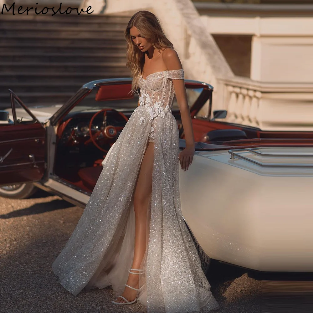 

Merioslove Glitter Sequin Beadings Wedding Dresses Lace Applique 3D Flowers A-Line Illusion Bridal Gowns Tulle Beach Bride Dress