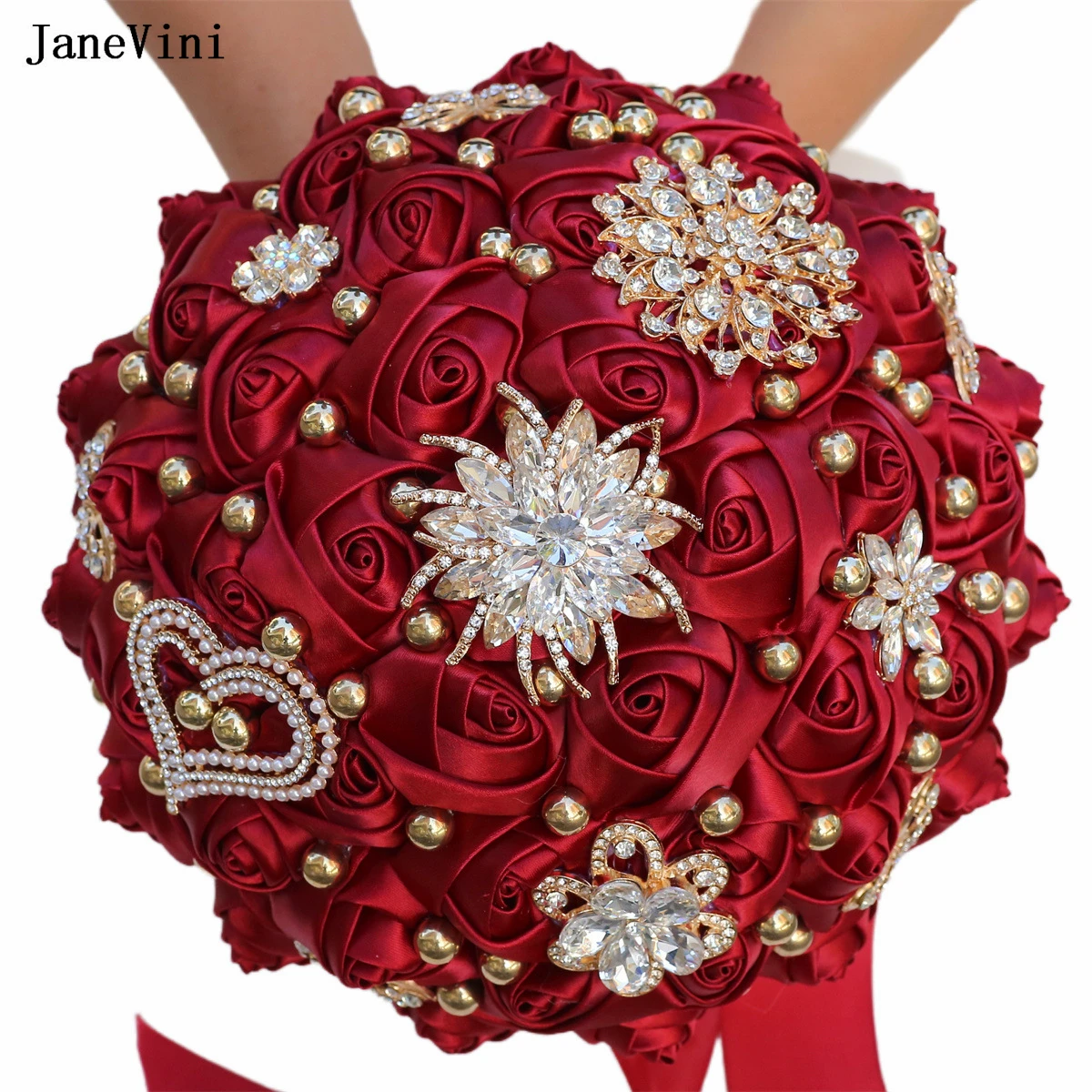 

JaneVini Luxury Rhinestones Jewelry Burgundy Wedding Flowers Bridal Bouquets Sparkly Beaded Artificial Satin Roses Bouquet Novia