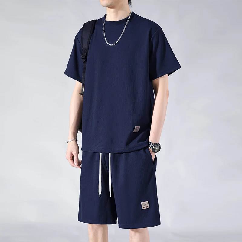 

Summer Men's Short Sets Solid T-shirts Shorts Anti wrinkle Pinstripe Track Suit Casual Jogging Train Outfits Quality Sweatsuit