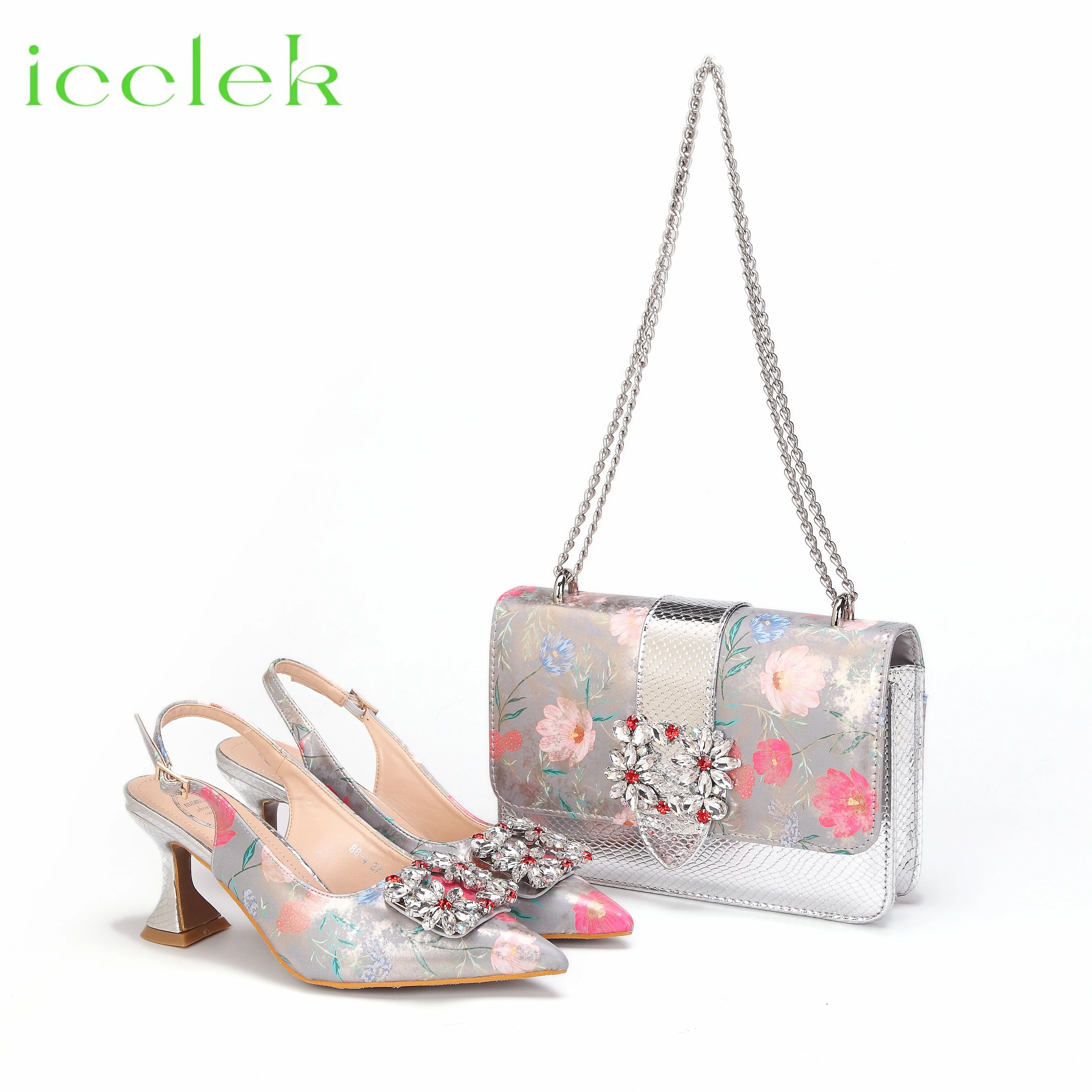 

Silver Italian Design Noble Dual-Purpose Three-Dimensional Printing Flower Material Bag And Shoes For Nigeria Wedding Party