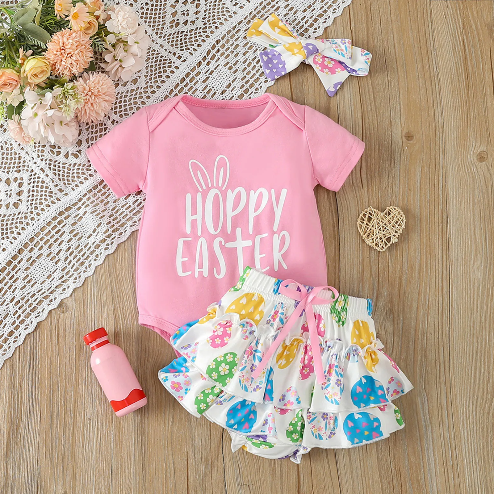 

3pcs Baby Girl Clothes Sets Easter Outfit Letter Print Short Sleeve Romper Bunny Print Shorts Headband Summer Baby Clothes 0-24M