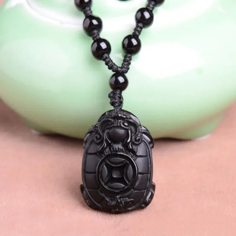 

Natural Black Obsidian Dragon Turtle Pendant Beads Necklace Fashion Charm Jewellery Hand-Carved Lucky Amulet Gifts Her Women Men