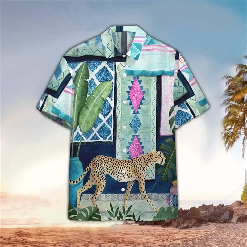

Гавайская рубашка с леопардовым принтом для мужчин и женщин, Повседневная модная блузка с коротким рукавом, с лацканами, на пуговицах, y2k, топы