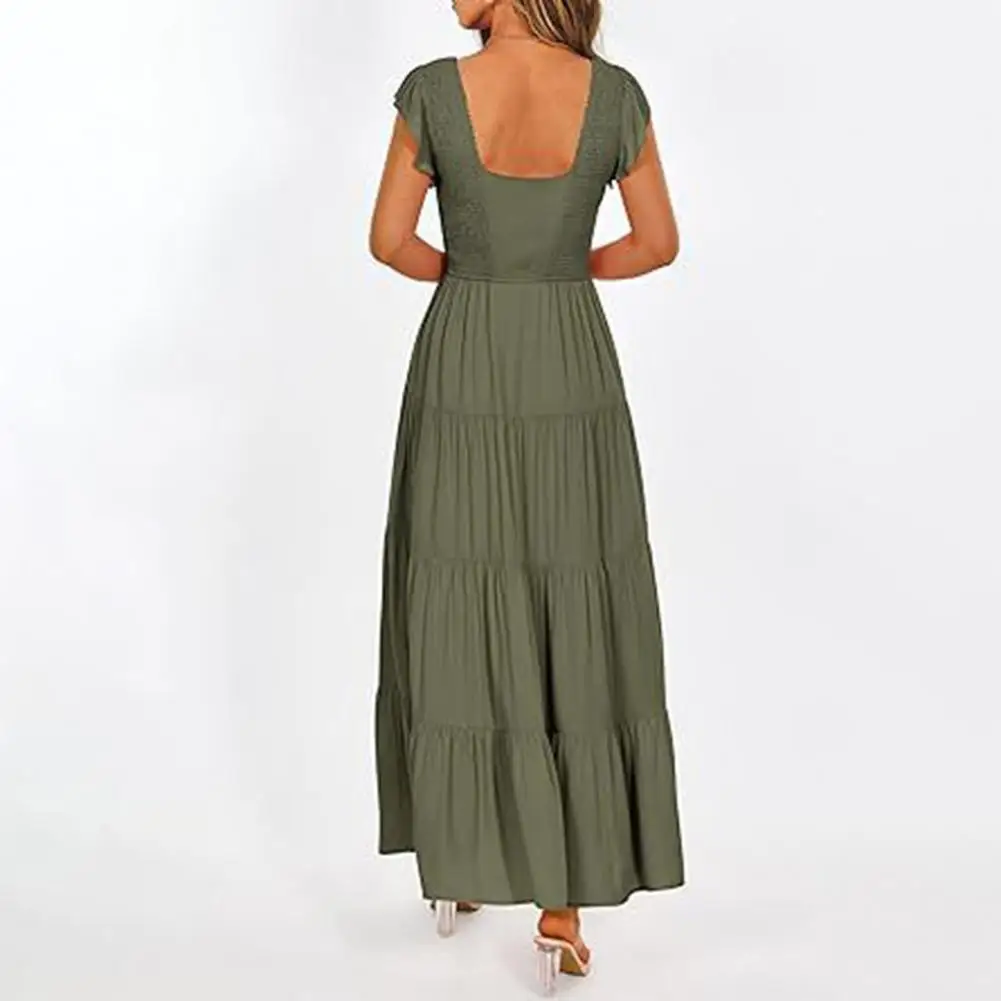 

Pleated Dress Floral Print V Neck Maxi Dress for Summer Vacation A-line Loose Hem Flying Sleeves Backless Design Soft Breathable