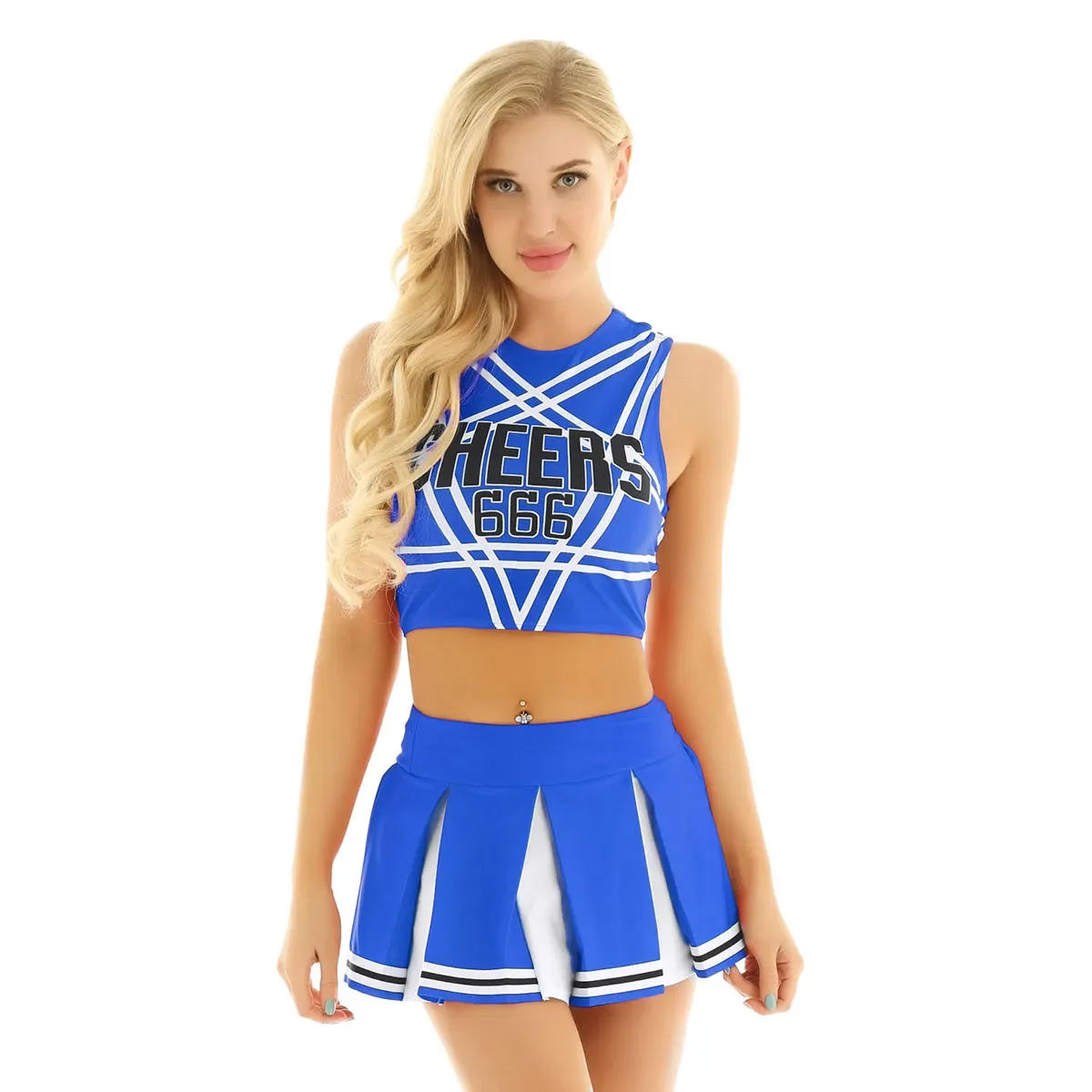 Women Adult Charming Cheerleader Uniform Cosplay Fancy Clubwear Costumes Pentagram Back Crop Top with Mini Pleated Skirt Set 
Women Adult Charming Cheerleader Uniform Cosplay Fancy Clubwear Costumes Pentagram Back Crop Top with Mini Pleated Skirt Set