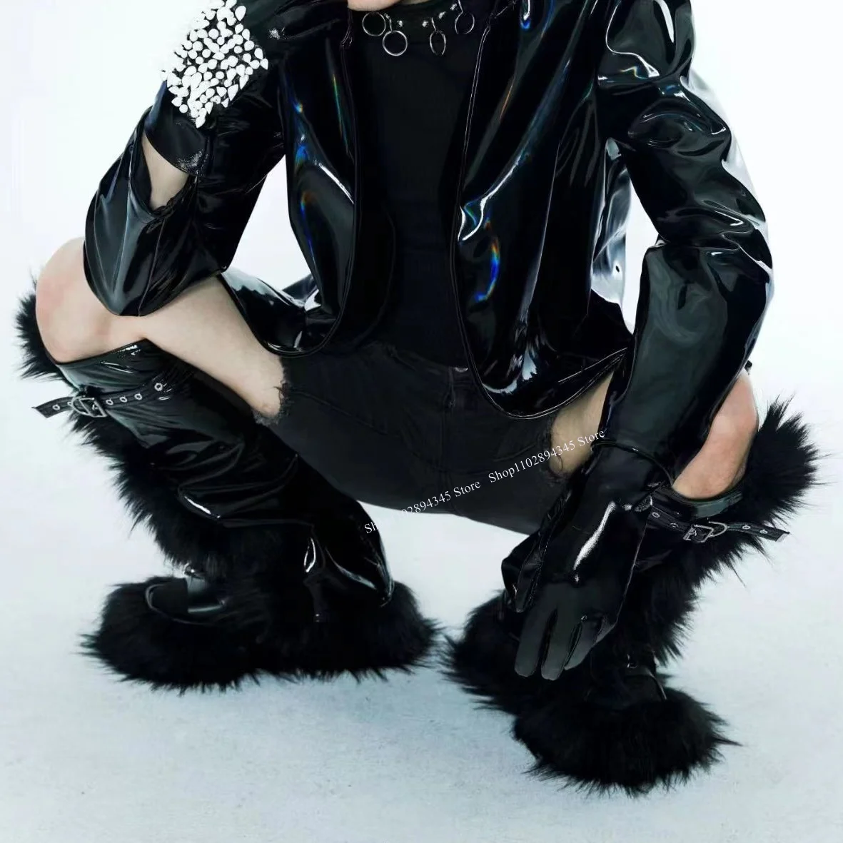 Black Fur Knee High Patent Leather Boots Peep Toe Flattie Fashionable Sexy Cool Summer Big Size Woman Shoes Zapatillas Mujer
Black Fur Knee High Patent Leather Boots Peep Toe Flattie Fashionable Sexy Cool Summer Big Size Woman Shoes Zapatillas Mujer