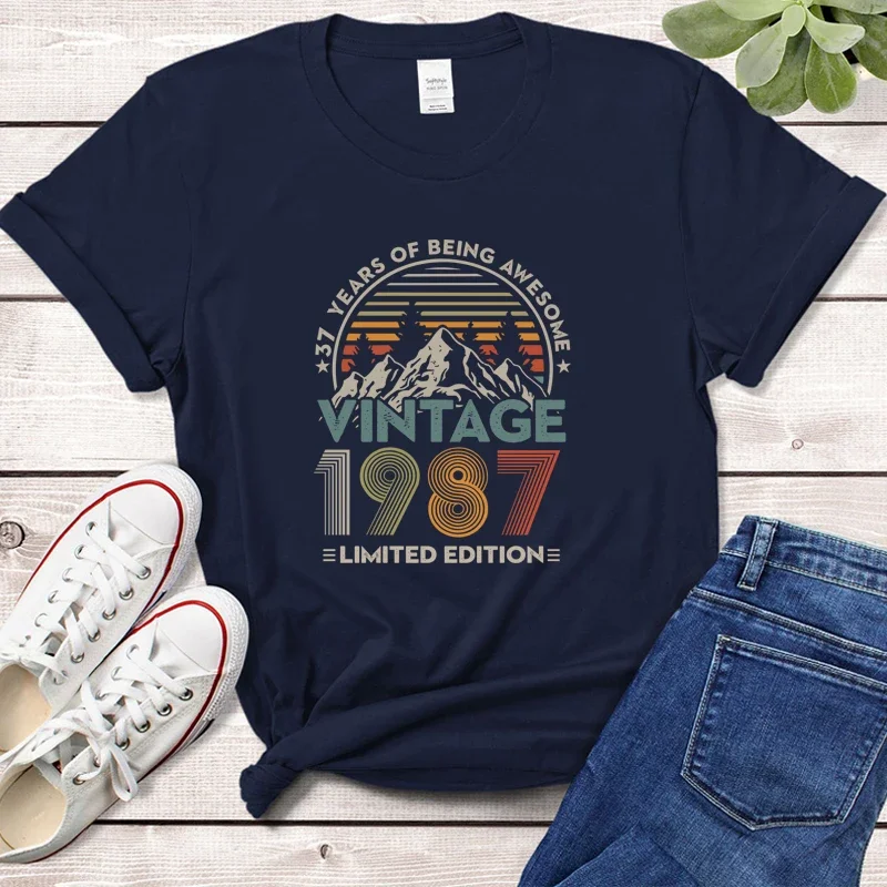 

Y2k летняя свободная футболка с короткими рукавами, винтажная коллекция 1987 года, Женская хлопковая Футболка ограниченной серии, одежда для дня рождения в стиле ретро, топ с изображением гор, футболка