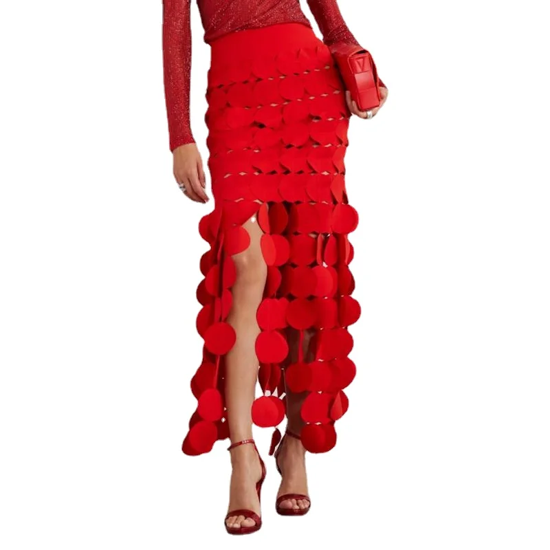 

Runway Dress 2024 Early Spring Temperament New Design Sense Splicing Round Piece Fringe High Waist Solid Color Skirt