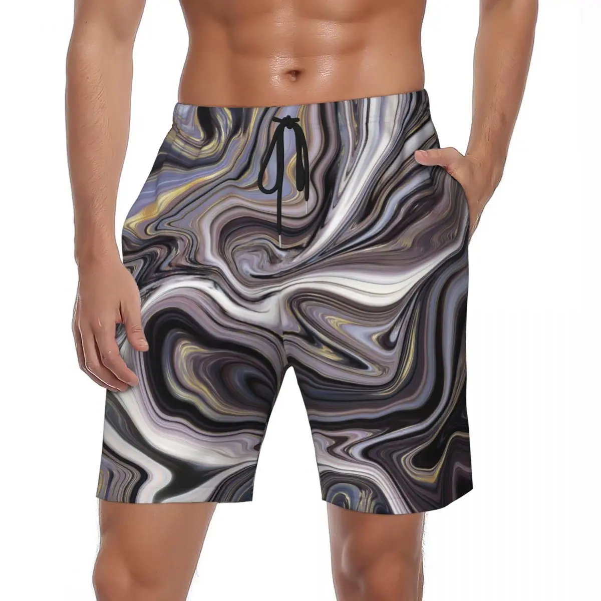 

Marble Liquid Board Shorts Summer Grey And White Sports Surf Beach Shorts Men Quick Drying Y2K Funny Print Oversize Beach Trunks
