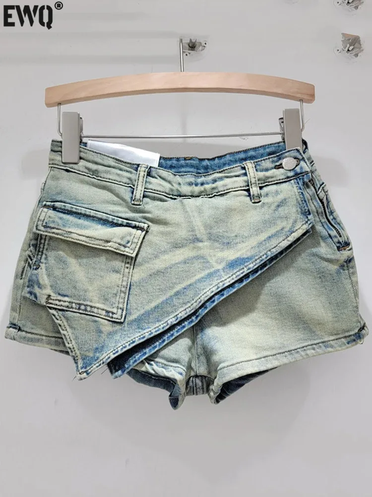 

[EWQ] New Design Denim Shorts For Women's Elastic Low Waist A-line Short Skirt Pant Irregular Shorts 2024 Spring Summer 16U9064